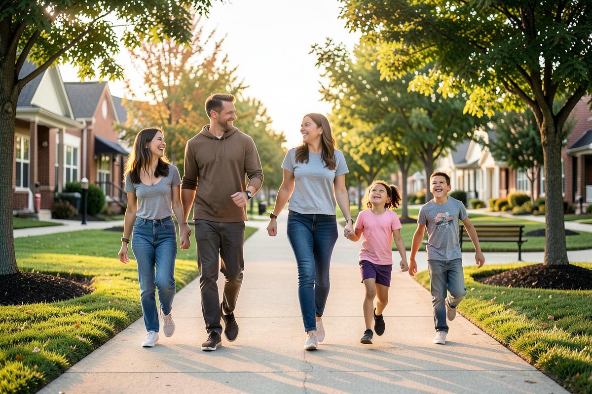 A family walking together in a neighborhood
